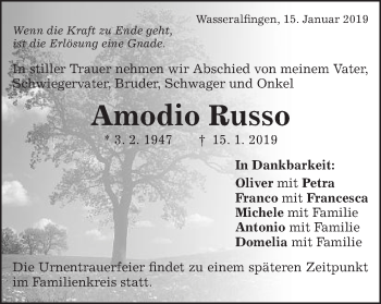Traueranzeige von Amodio Russo von Schwäbische Post