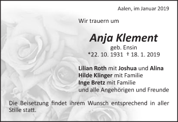 Traueranzeige von Anja Klement von Schwäbische Post