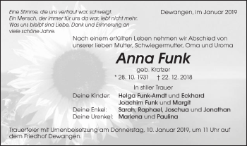 Traueranzeige von Anna Funk von Schwäbische Post