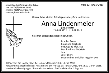 Traueranzeige von Anna Lindenmeier von Schwäbische Post