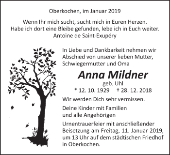 Traueranzeige von Anna Mildner von Schwäbische Post