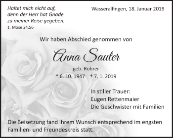Traueranzeige von Anna Sauter von Schwäbische Post