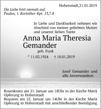 Traueranzeige von Anna Maria Theresia Gemander von Schwäbische Post