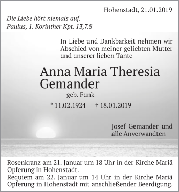 Traueranzeige von Anna Maria Theresia Gemander von Schwäbische Post