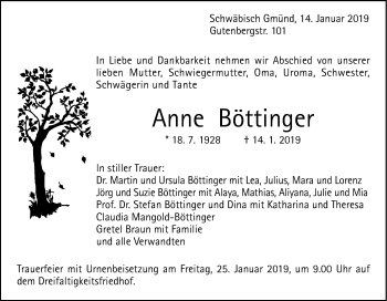 Traueranzeige von Anne Böttinger von Gmünder Tagespost