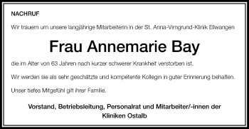 Traueranzeige von Annemarie Bay von Schwäbische Post