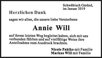 Traueranzeige von Annie Will von Gmünder Tagespost