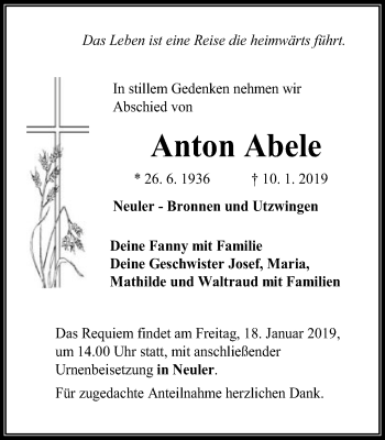 Traueranzeige von Anton Abele von Schwäbische Post