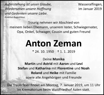 Traueranzeige von Anton Zeman von Schwäbische Post
