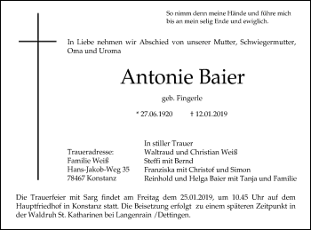Traueranzeige von Antonie Baier von Schwäbische Post