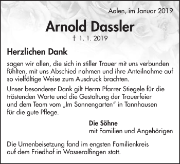 Traueranzeige von Arnold Dassler von Schwäbische Post