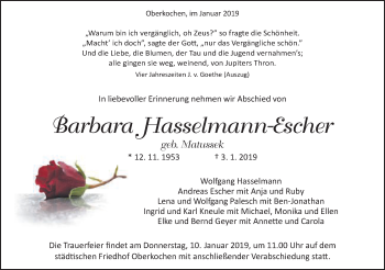 Traueranzeige von Barbara Hasselmann-Escher von Schwäbische Post