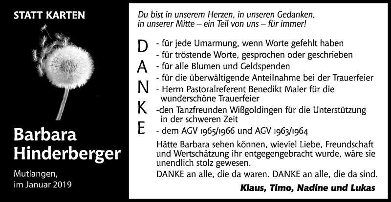  Traueranzeige für Barbara Hinderberger vom 04.01.2019 aus Gmünder Tagespost