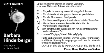Traueranzeige von Barbara Hinderberger von Gmünder Tagespost