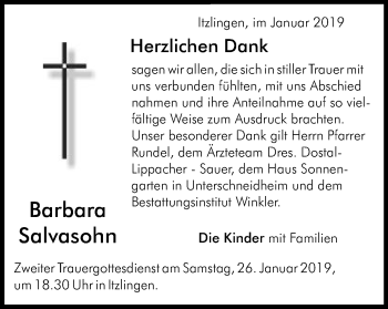 Traueranzeige von Barbara Salvasohn von Schwäbische Post