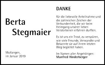 Traueranzeige von Berta Stegmaier von Gmünder Tagespost