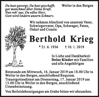 Traueranzeige von Berthold Krieg von Gmünder Tagespost