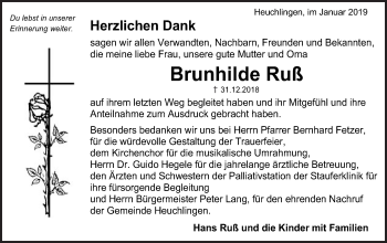 Traueranzeige von Brunhilde Ruß von Gmünder Tagespost
