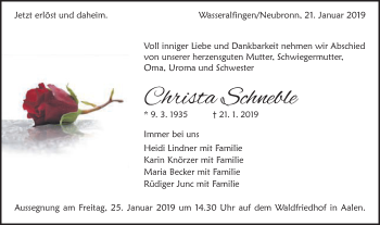 Traueranzeige von Christa Schneble von Schwäbische Post