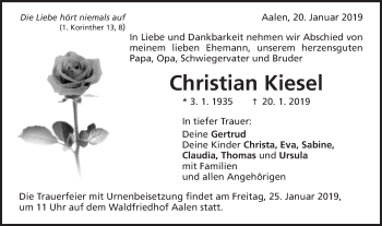 Traueranzeige von Christian Kiesel von Schwäbische Post