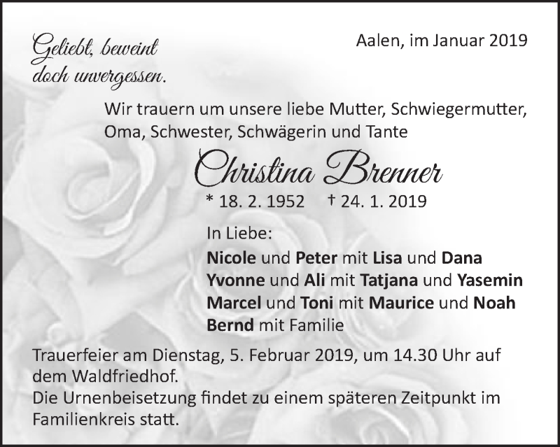  Traueranzeige für Christina Brenner vom 31.01.2019 aus Schwäbische Post