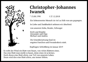 Traueranzeige von Christopher-Johannes Iwanek von Schwäbische Post