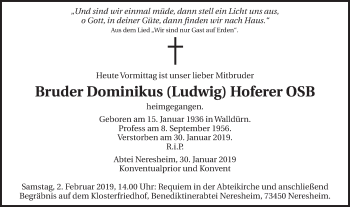 Traueranzeige von Dominikus Hoferer von Schwäbische Post