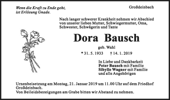 Traueranzeige von Dora Bausch von Gmünder Tagespost