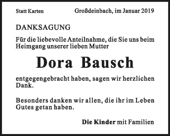 Traueranzeige von Dora Bausch von Gmünder Tagespost