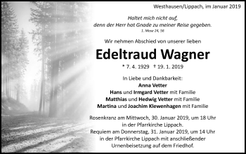 Traueranzeige von Edeltraud Wagner von Schwäbische Post
