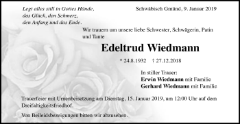 Traueranzeige von Edeltrud Wiedmann von Gmünder Tagespost