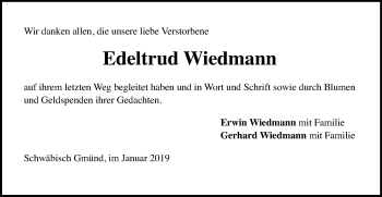 Traueranzeige von Edeltrud Wiedmann von Gmünder Tagespost