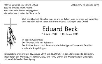 Traueranzeige von Eduard Beck von Schwäbische Post