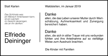 Traueranzeige von Elfriede Deininger von Gmünder Tagespost