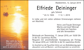 Traueranzeige von Elfriede Deininger von Gmünder Tagespost