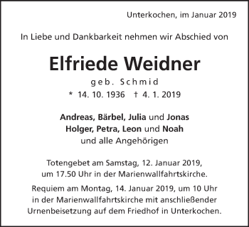 Traueranzeige von Elfriede Weidner von Schwäbische Post