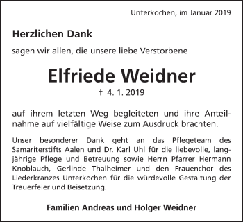 Traueranzeige von Elfriede Weidner von Schwäbische Post
