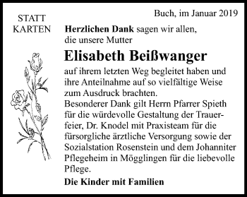 Traueranzeige von Elisabeth Beißwanger von Gmünder Tagespost