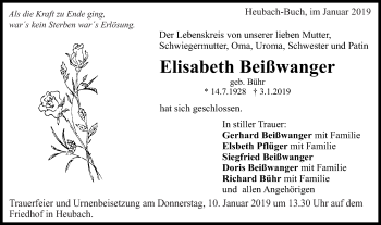 Traueranzeige von Elisabeth Beißwanger von Gmünder Tagespost