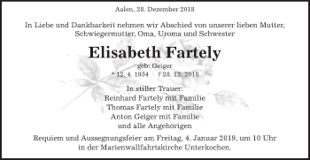 Traueranzeige von Elisabeth Fartely von Schwäbische Post