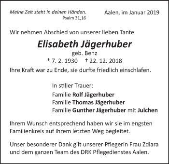 Traueranzeige von Elisabeth Jägerhuber von Schwäbische Post