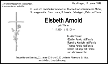 Traueranzeige von Elsbeth Arnold von Schwäbische Post