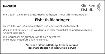 Traueranzeige von Elsbeth Biehringer von Schwäbische Post