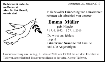 Traueranzeige von Emma Müller von Gmünder Tagespost