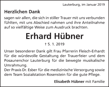 Traueranzeige von Erhard Hübner von Schwäbische Post