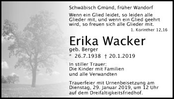 Traueranzeige von Erika Wacker von Gmünder Tagespost