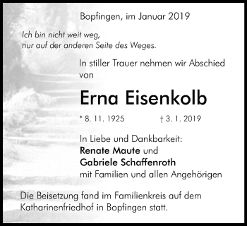 Traueranzeige von Erna Eisenkolb von Schwäbische Post