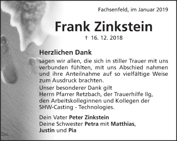 Traueranzeige von Frank Zinkstein von Schwäbische Post