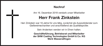 Traueranzeige von Frank Zinkstein von Schwäbische Post