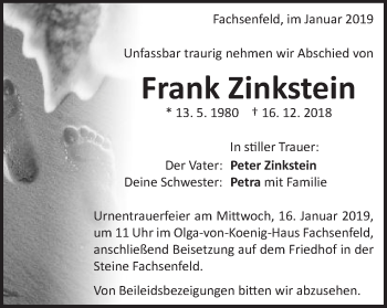Traueranzeige von Frank Zinkstein von Schwäbische Post